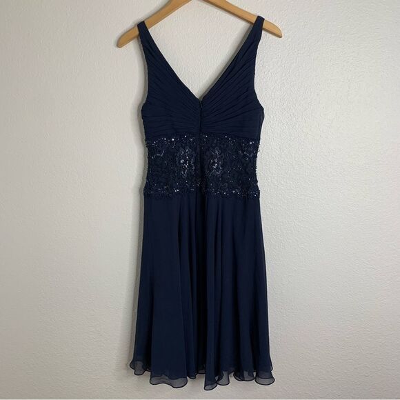 Tadashi Navy Blue Silk Beaded V-Neck Formal Mini Dress Size 4 - Picture 6 of 6